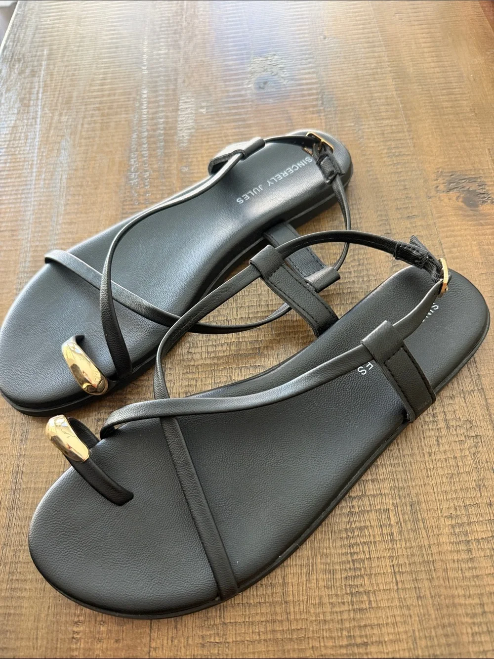 Sincerly Jules Black Strappy Sandals with Gold Accent
